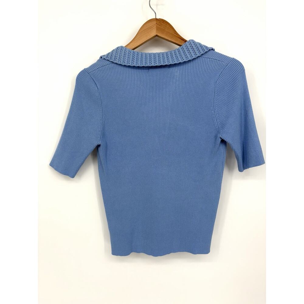 Halston Blue Ribbed Collared Top | Quiet Luxury Capsule Knit NWT French Coastal - Picture 4 of 11